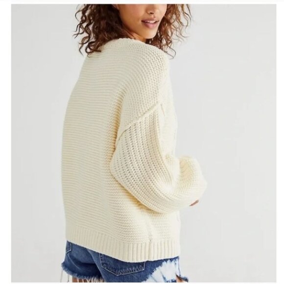 Free People Dream Cable Crew Neck Sweater, Cream | Size Small - Picture 3 of 7